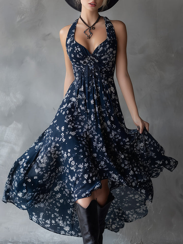 Inga - Maxikleid Western im Retro-Stil aus Chiffon Blumenmuster ärmellos