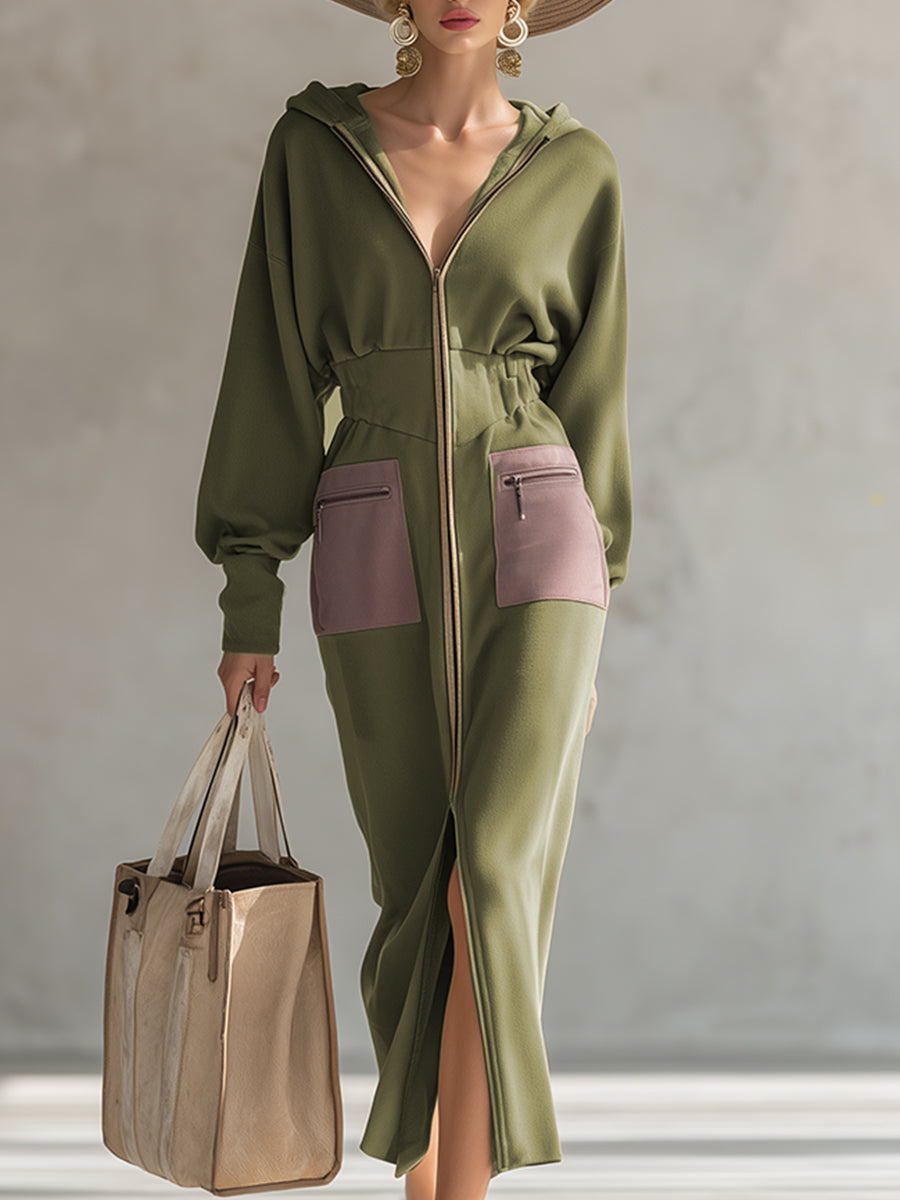 Evelina - Elegantes Maxikleid sportlich aus technischem Gewebe im Farbblock-Design mit Reißverschluss und Kapuze