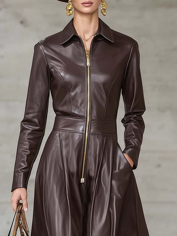 Hanni - Maxikleid Western für den Urlaub aus Kunstleder mit Reißverschluss und V-Ausschnitt