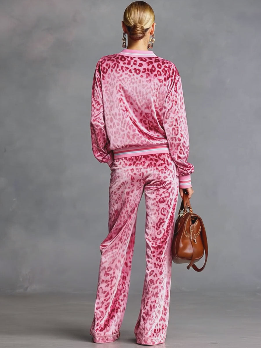 Fenna - Lässiges Hosen-Ensemble Retro aus Samt Leopardenmuster