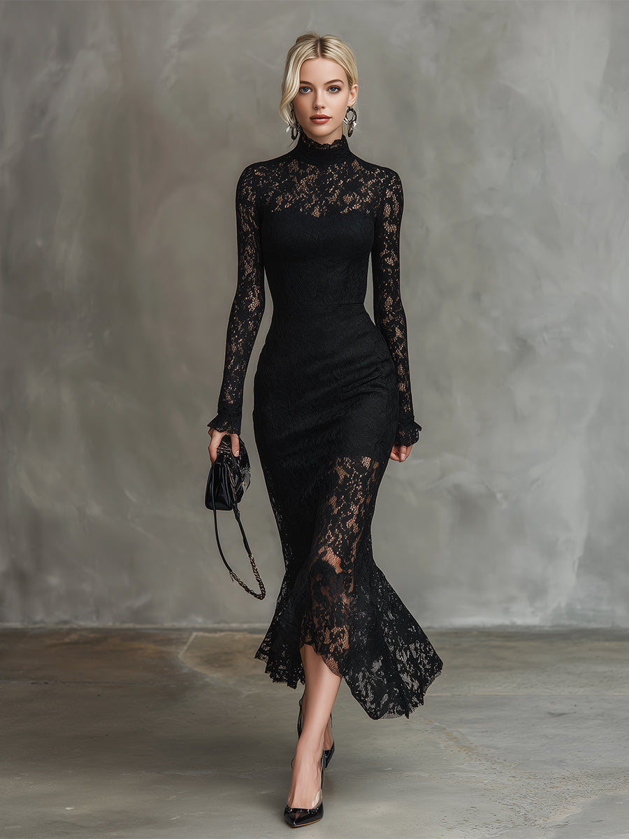 Julia - Elegantes Maxikleid für besondere Abende aus Spitze mit Kragen und Einsätze aus Spitze