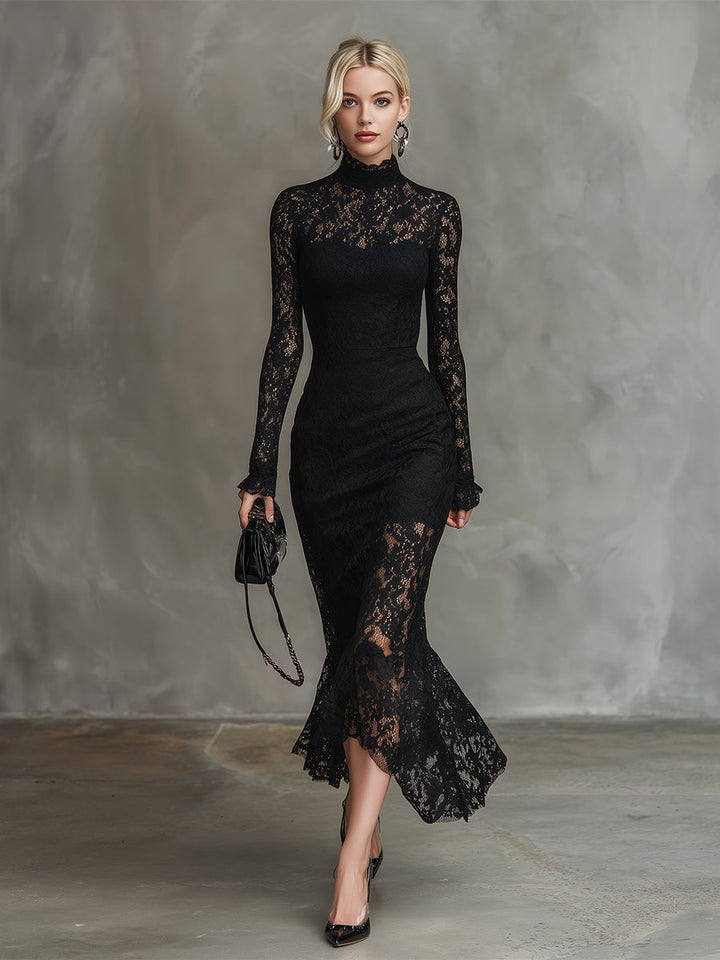 Julia - Elegantes Maxikleid für besondere Abende aus Spitze mit Kragen und Einsätze aus Spitze