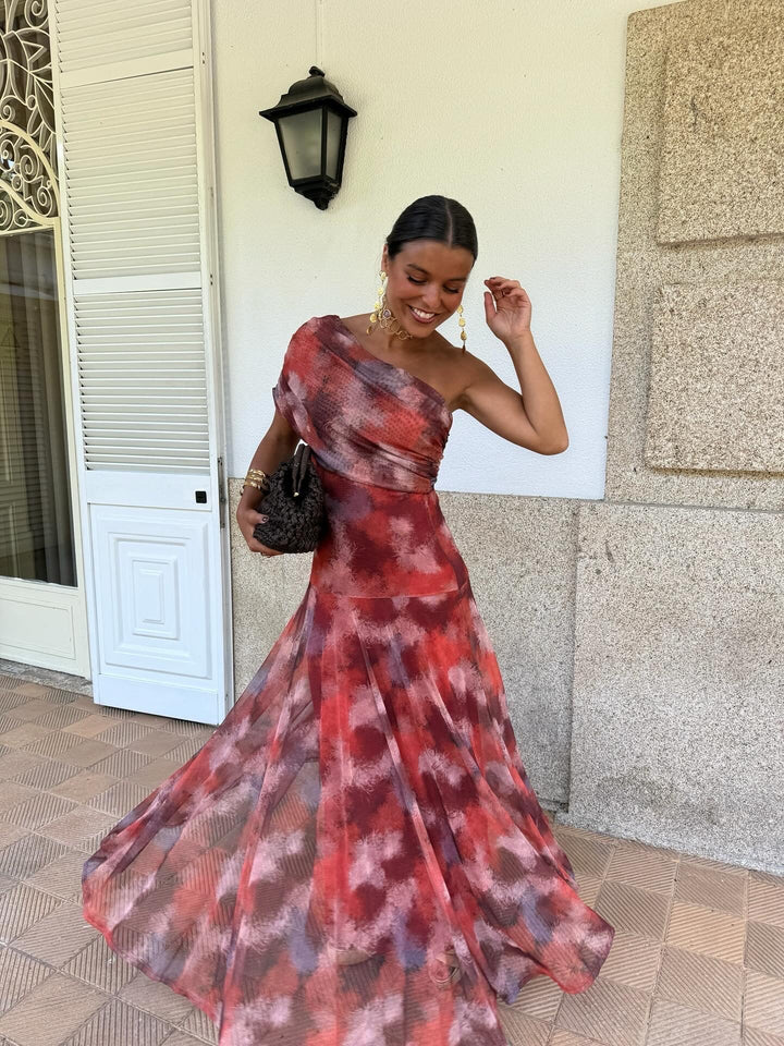 Frieda - Maxikleid mit Aquarellmuster und schulterfreiem Schnitt