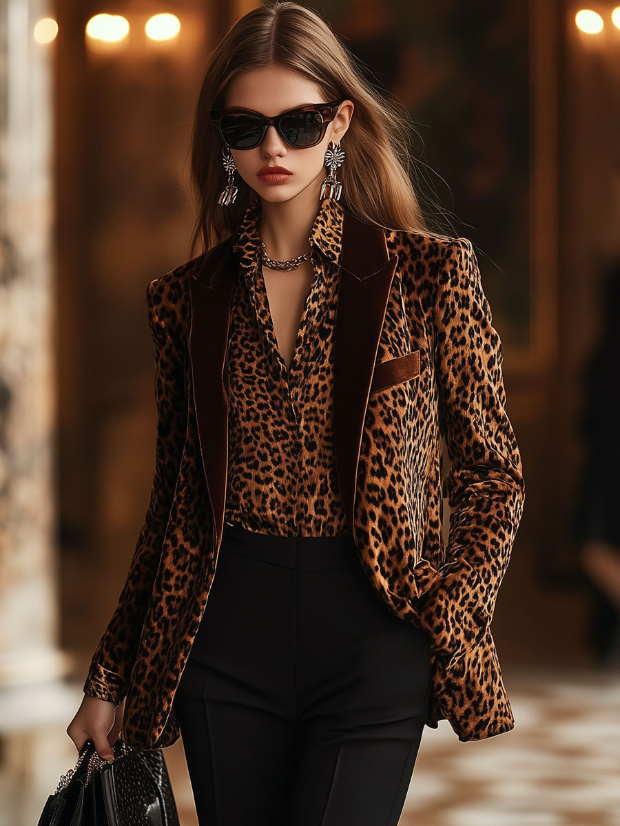 Karin - Jacke lässig Retro aus Samt Leopardenmuster mit Kragen mit Linie feminin