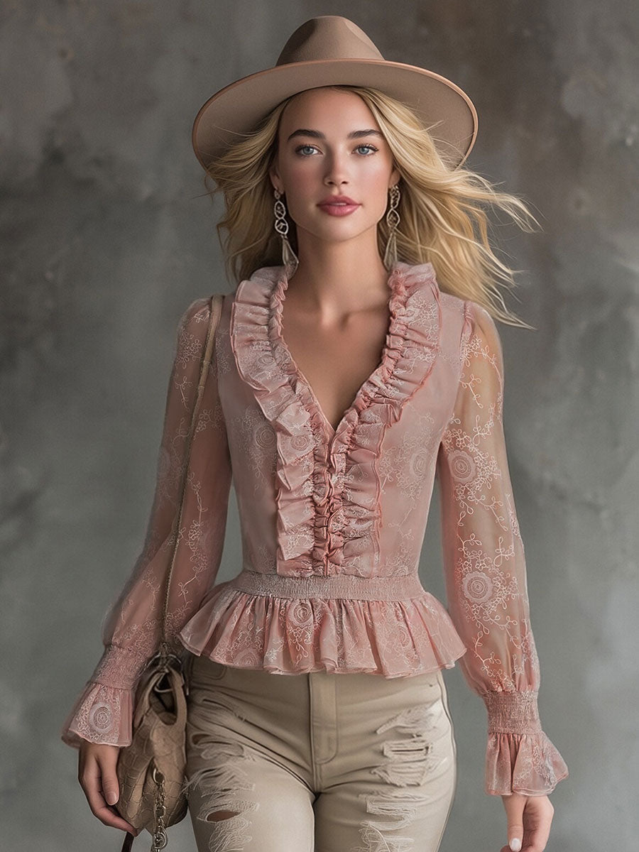 Evelyn - Bluse elegant für den Alltag aus Chiffon mit Volants und V-Ausschnitt