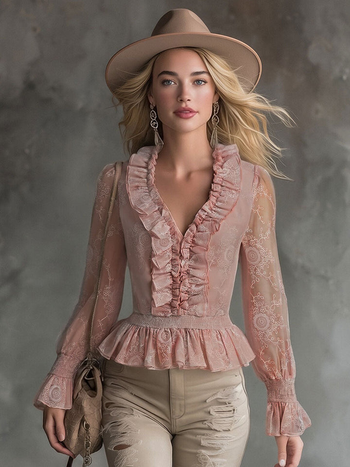 Evelyn - Bluse elegant für den Alltag aus Chiffon mit Volants und V-Ausschnitt