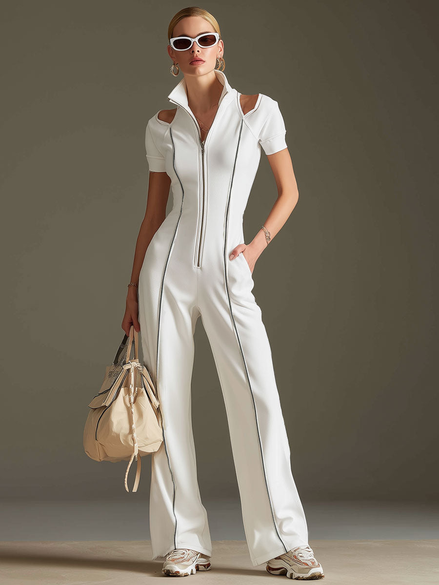 Liselotte - Overall sportlich im Retro-Stil aus technischem Gewebe gestreift mit Kragen