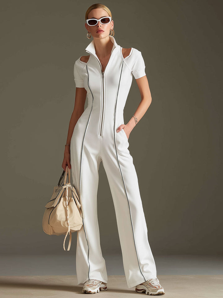 Liselotte - Overall sportlich im Retro-Stil aus technischem Gewebe gestreift mit Kragen