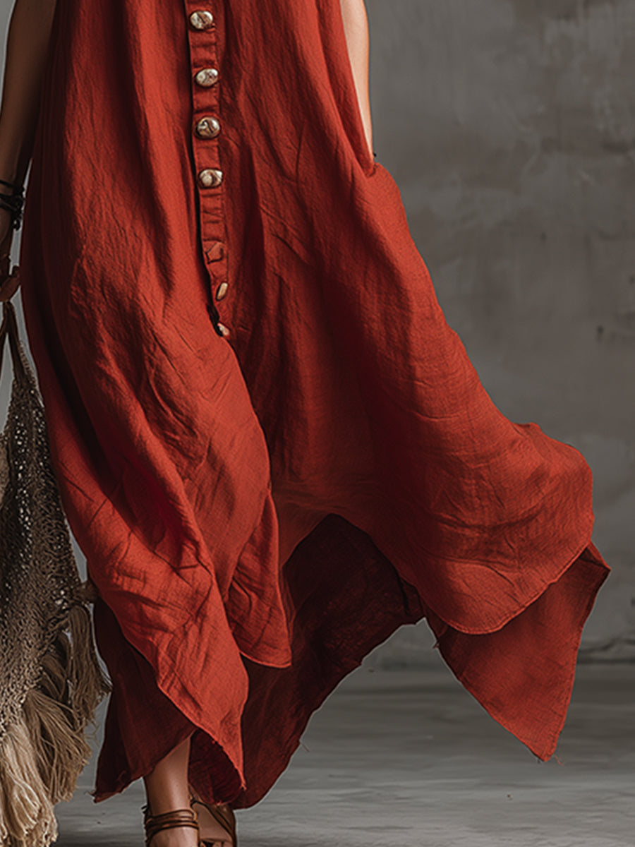 Marlies - Maxikleid Western im Retro-Stil aus Leinen mit V-Ausschnitt und Einsätze aus Spitze ärmellos