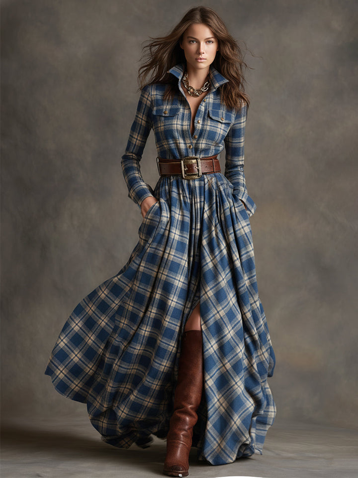 Anke - Maxikleid Western im Retro-Stil aus Leinen kariert mit Kragen