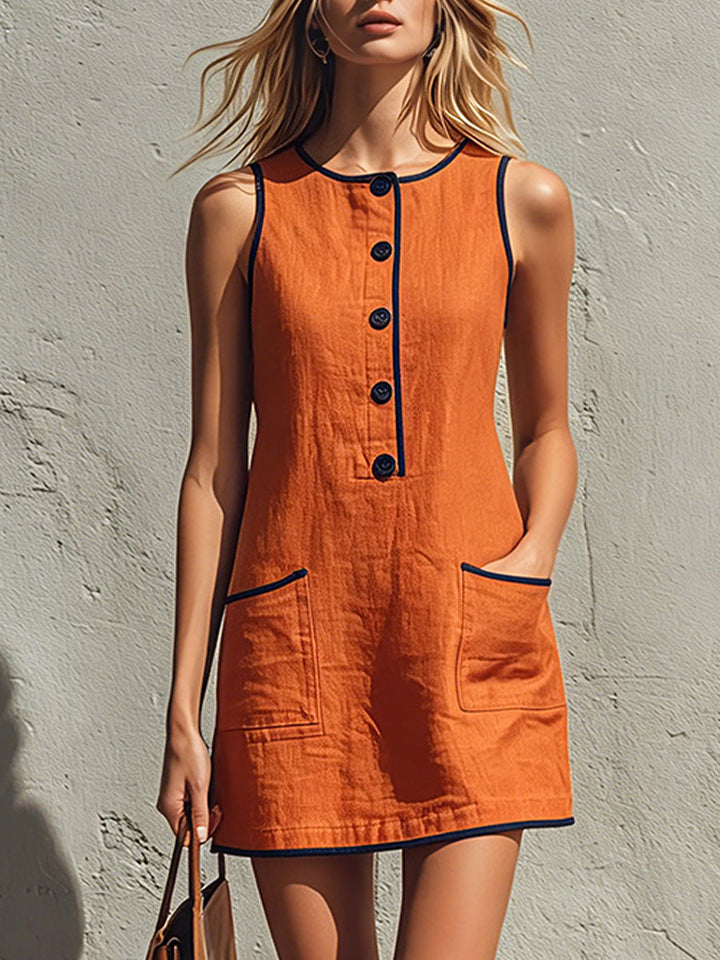 Antje - Minikleid lässig Retro aus Leinen im Farbblock-Design ärmellos