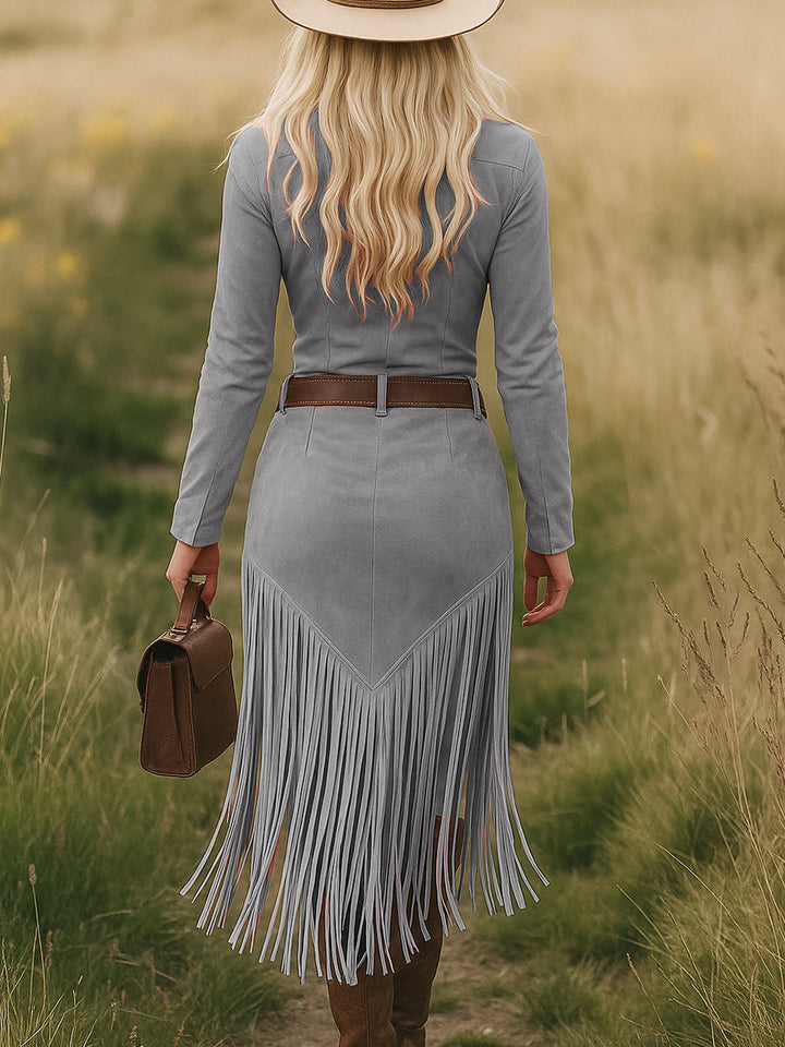 Mirella - Midikleid Western im Retro-Stil aus Kunstwildleder mit Reißverschluss und Fransen