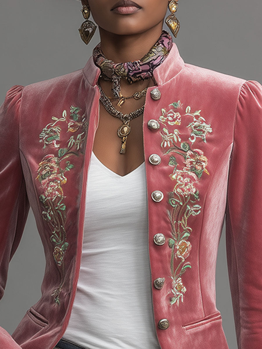 Vera - Jacke Western für den Urlaub aus Samt Blumenmuster mit Kragen bestickt