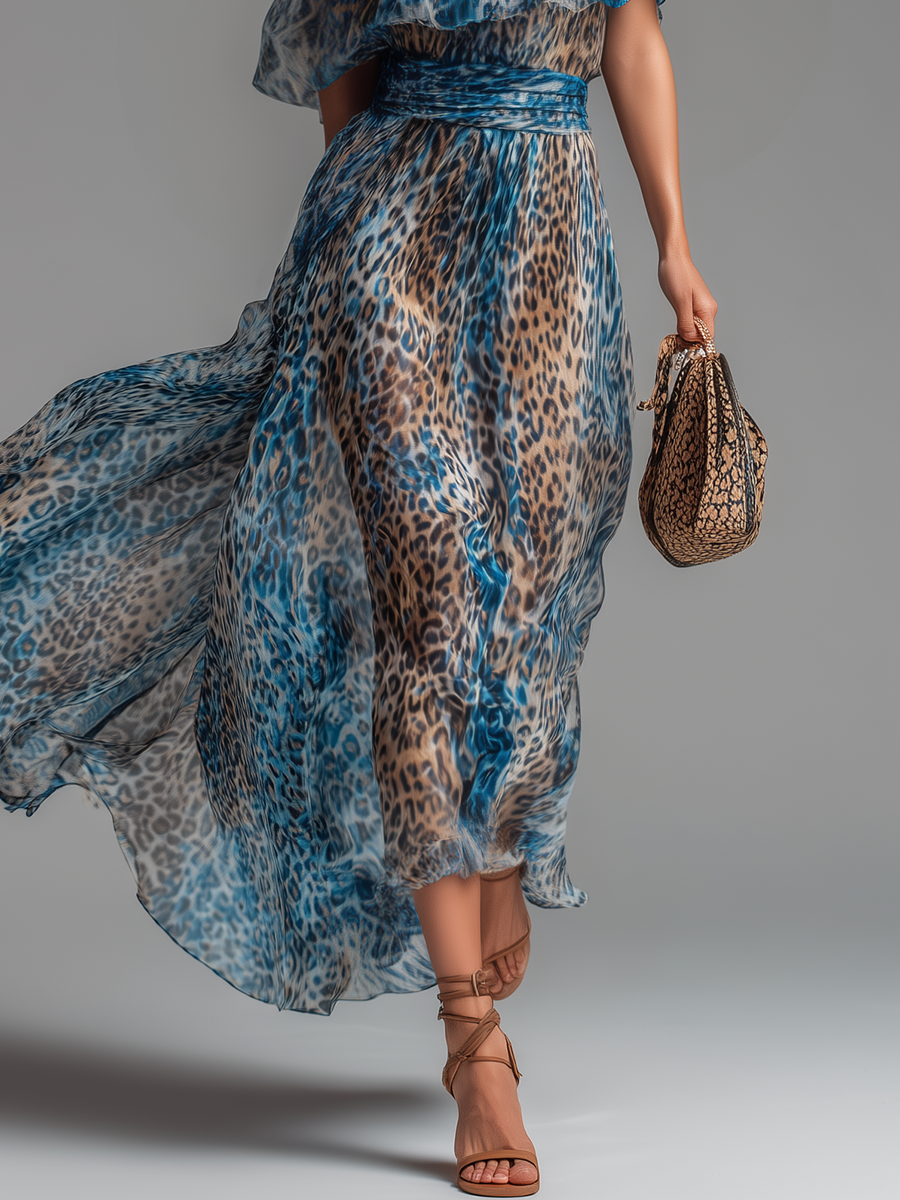 Ulrike - Elegantes Maxikleid für den Urlaub aus Chiffon Leopardenmuster schulterfrei