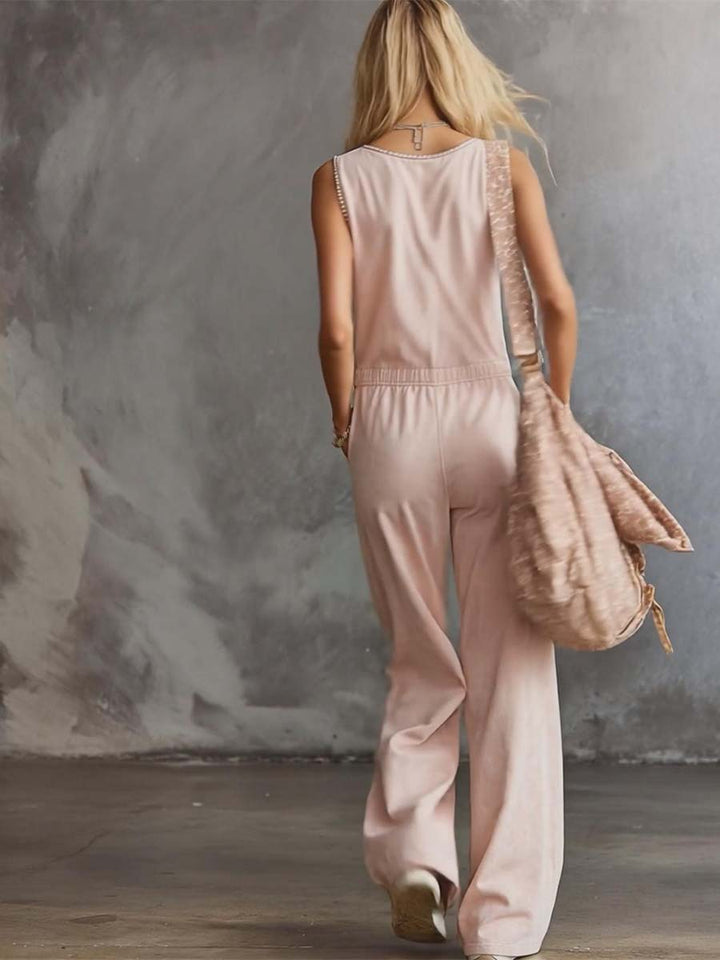 Sanni - Overall elegant im Retro-Stil aus Leinen mit Reißverschluss und V-Ausschnitt und ärmellosem Schnitt
