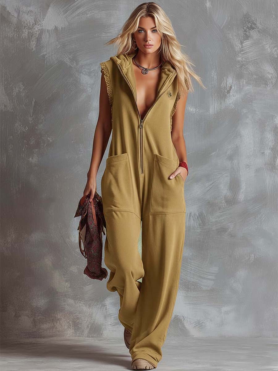 Ursula - Overall Western im Retro-Stil aus technischem Gewebe mit Reißverschluss und V-Ausschnitt und ärmellosem Schnitt mit Linie feminin