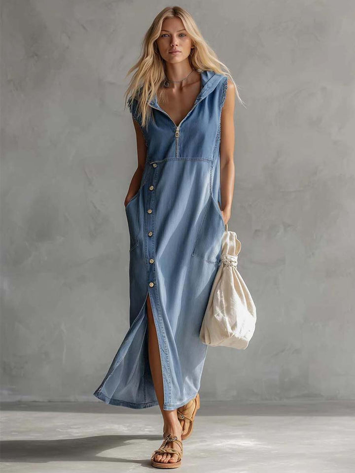 Nadja - Midikleid lässig Retro aus Jeansstoff Farbverlauf mit Reißverschluss und V-Ausschnitt und ärmellosem Schnitt