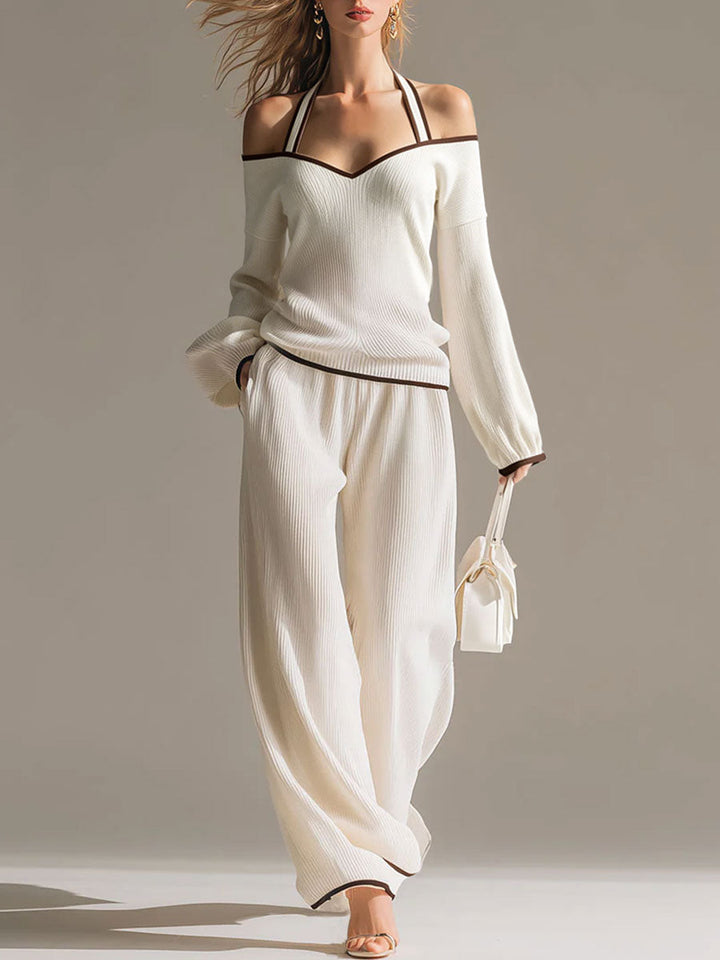 Jasmin - Elegantes Hosen-Ensemble für den Alltag aus Strick gestreift und schulterfrei und ärmellos