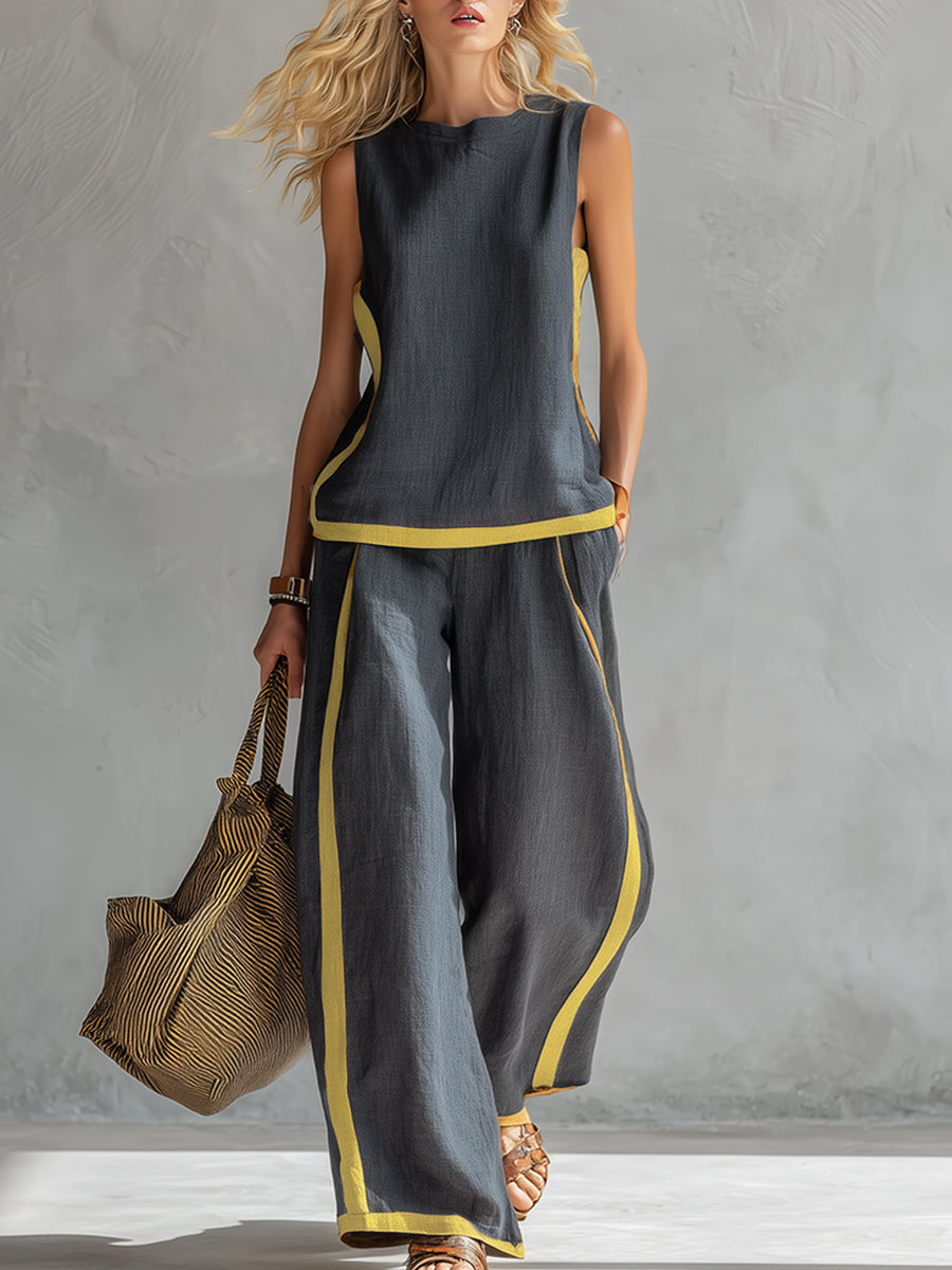 Klara - Lässiges elegantes Hosen-Ensemble aus Leinen gestreift ärmellos