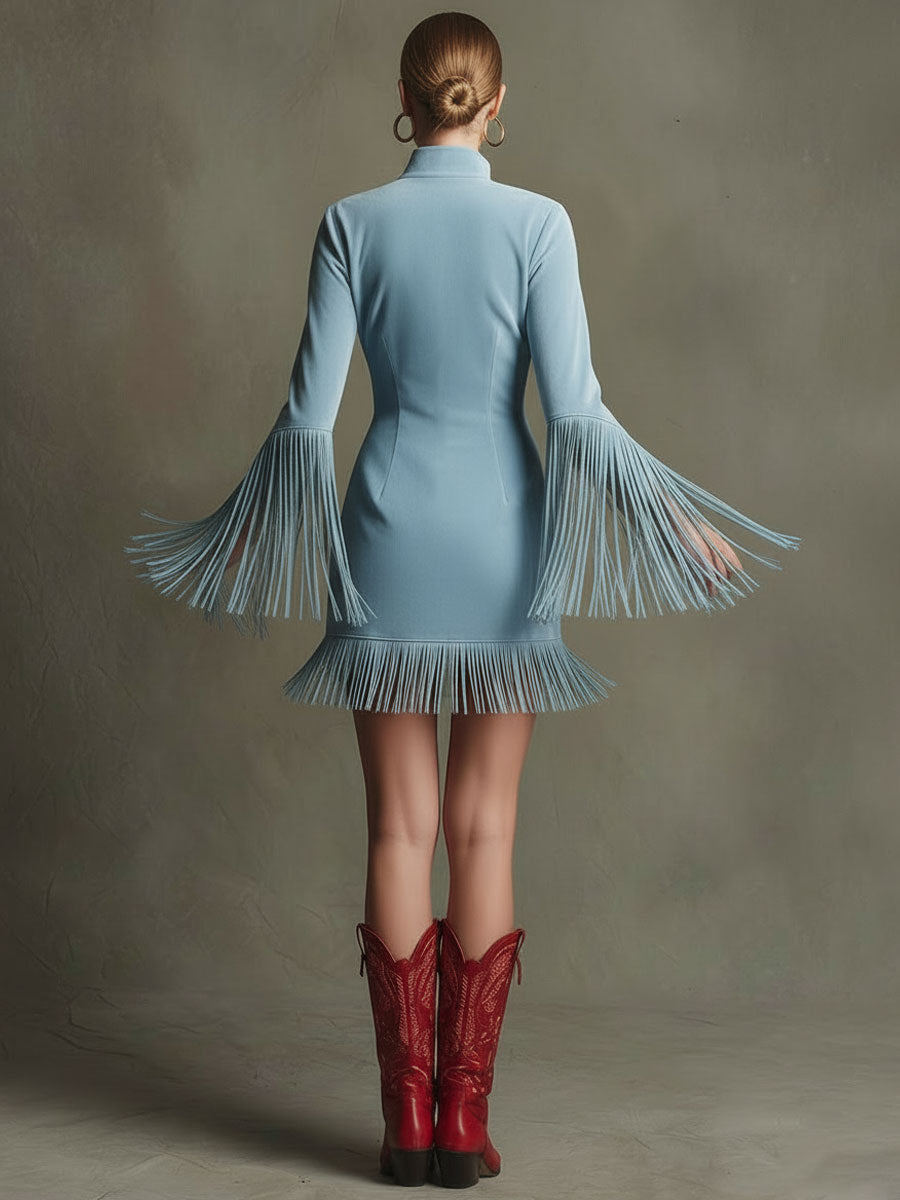 Wilma - Minikleid Western im Retro-Stil aus Kunstwildleder Blumenmuster mit Fransen und Kragen bestickt