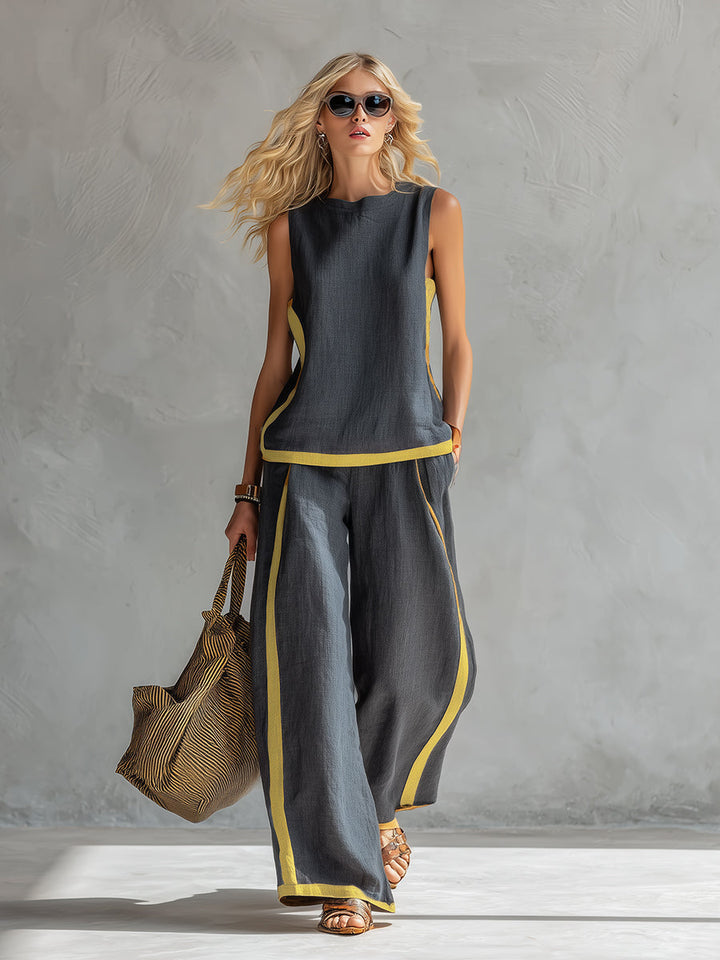 Klara - Lässiges elegantes Hosen-Ensemble aus Leinen gestreift ärmellos