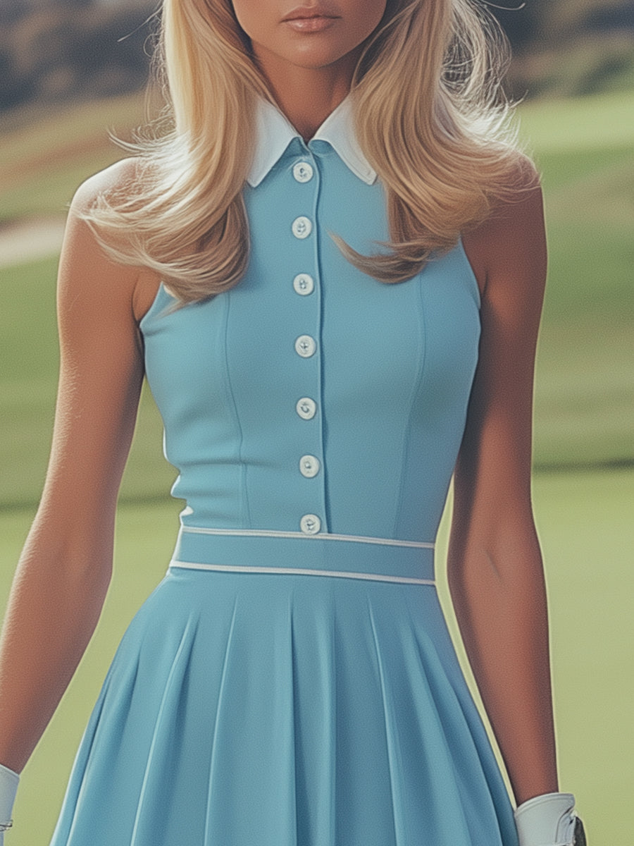 Tara - Elegantes Minikleid sportlich aus technischem Gewebe gestreift mit Kragen und Knöpfen ärmellos