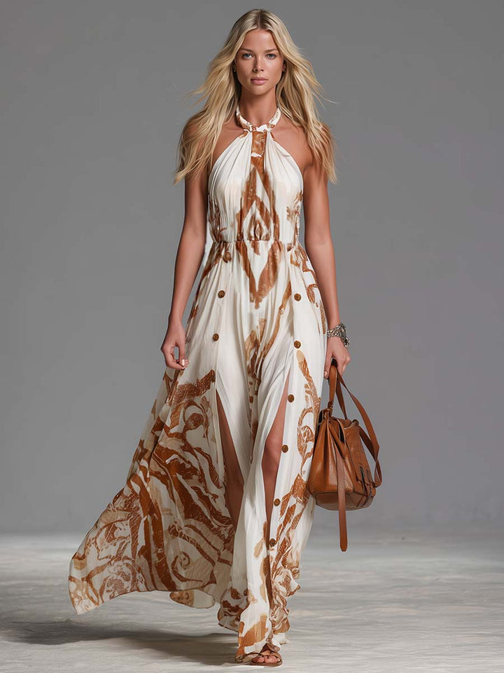 Maike - Maxikleid Western im Retro-Stil aus Chiffon abstrakt mit Schlitz und schulterfrei und ärmellos