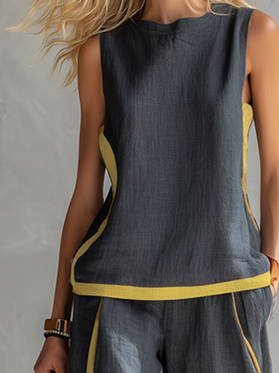 Klara - Lässiges elegantes Hosen-Ensemble aus Leinen gestreift ärmellos