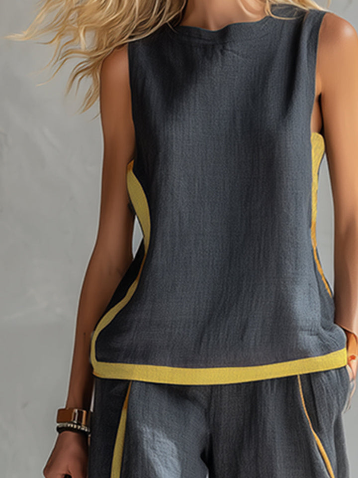 Klara - Lässiges elegantes Hosen-Ensemble aus Leinen gestreift ärmellos