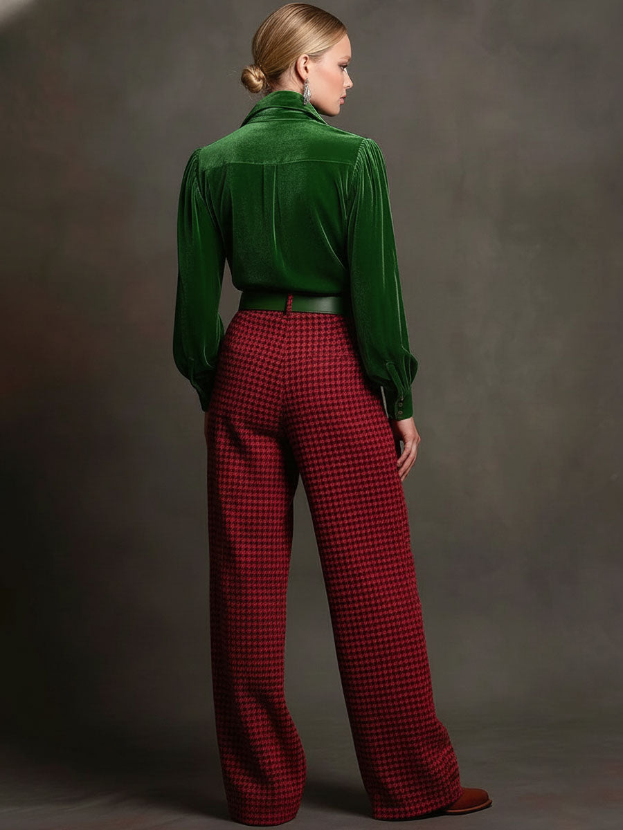 Adele - Hosen-Ensemble Retro für besondere Abende aus Samt kariert mit V-Ausschnitt plissiert