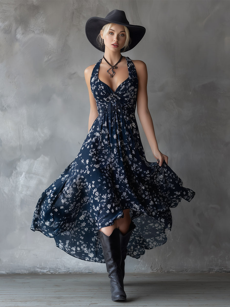 Inga - Maxikleid Western im Retro-Stil aus Chiffon Blumenmuster ärmellos