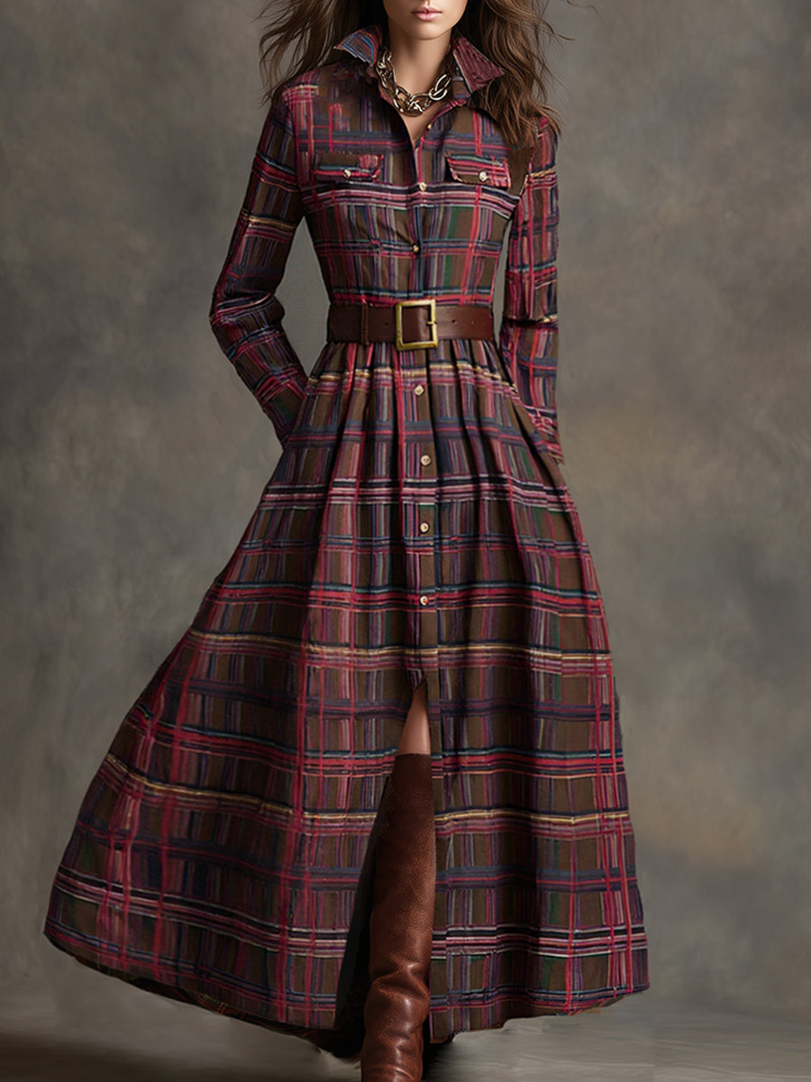 Anke - Maxikleid Western im Retro-Stil aus Leinen kariert mit Kragen