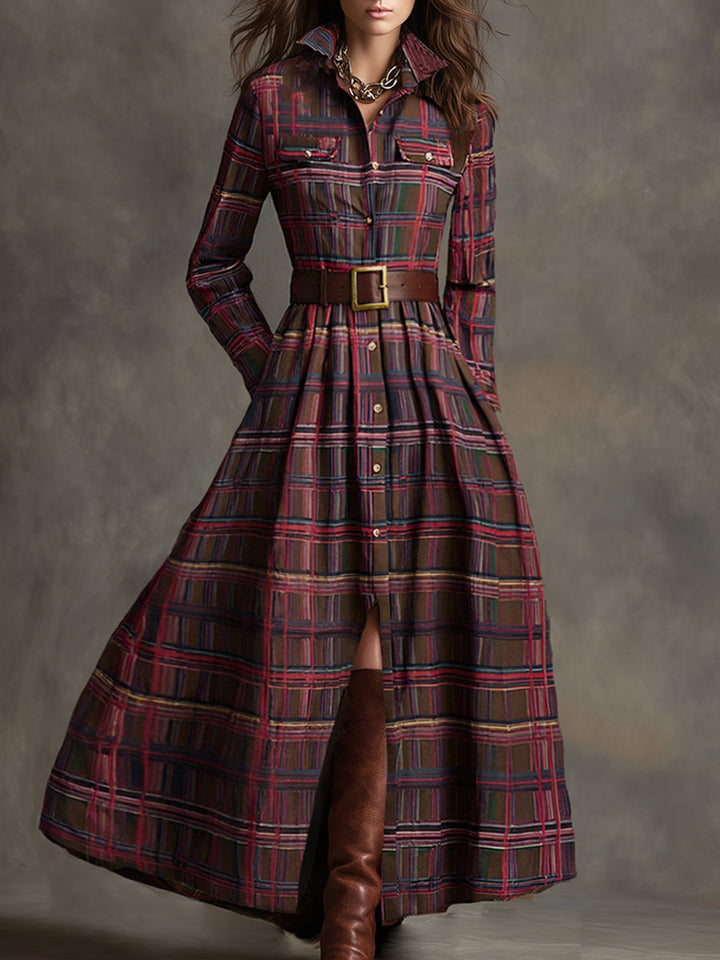 Anke - Maxikleid Western im Retro-Stil aus Leinen kariert mit Kragen