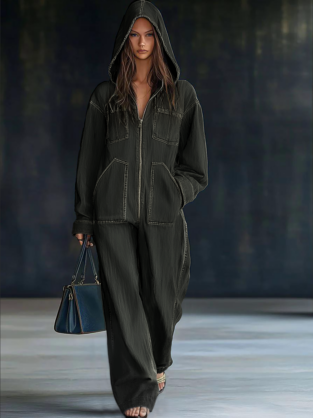 Dorothea - Overall lässig Retro aus Jeansstoff mit Reißverschluss und Kapuze