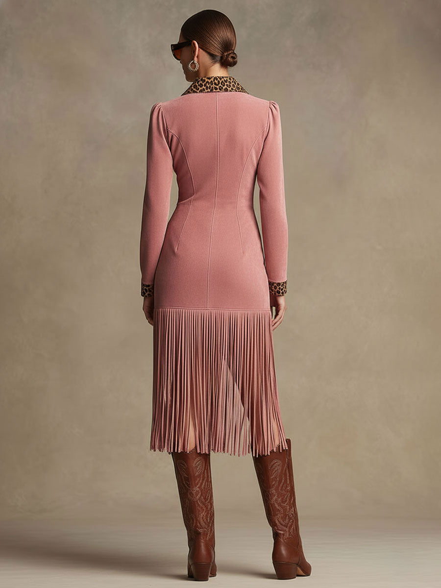 Cäcilia - Midikleid Western im Retro-Stil aus Kunstwildleder Leopardenmuster mit Reißverschluss und Fransen