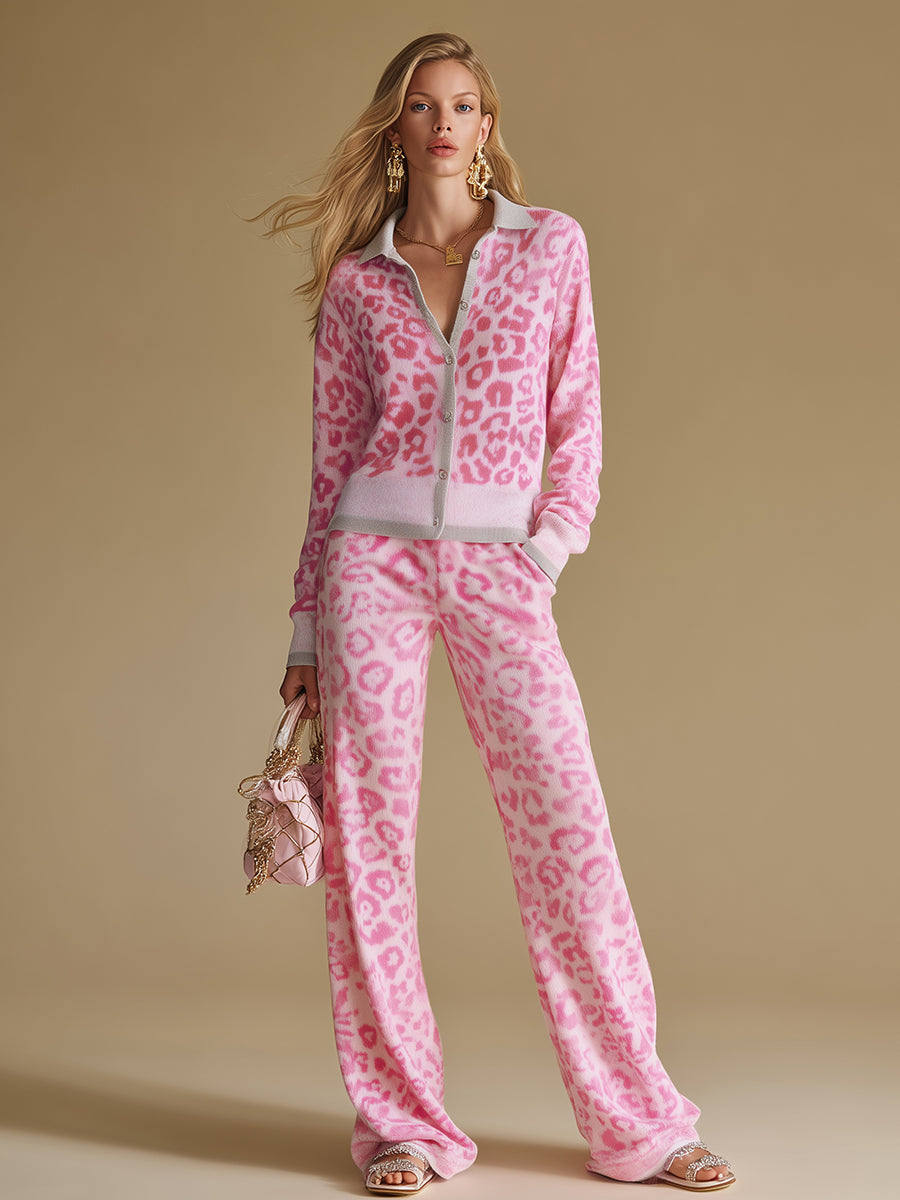 Vera - Elegantes Hosen-Ensemble im Retro-Stil aus Strick Leopardenmuster mit Kragen