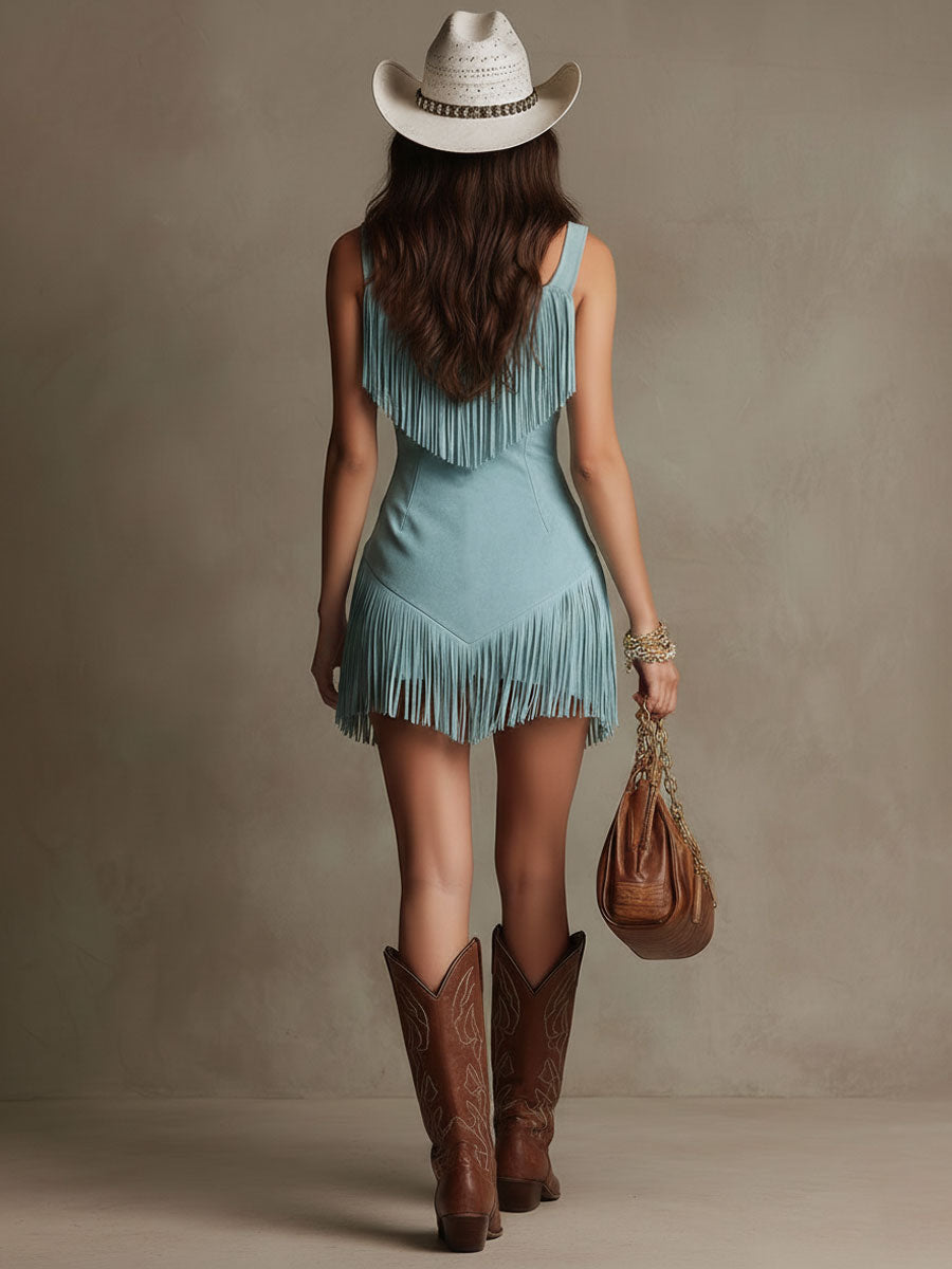 Nele - Minikleid Western im Retro-Stil aus Kunstwildleder mit Reißverschluss und Fransen ärmellos