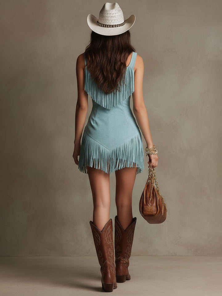 Nele - Minikleid Western im Retro-Stil aus Kunstwildleder mit Reißverschluss und Fransen ärmellos