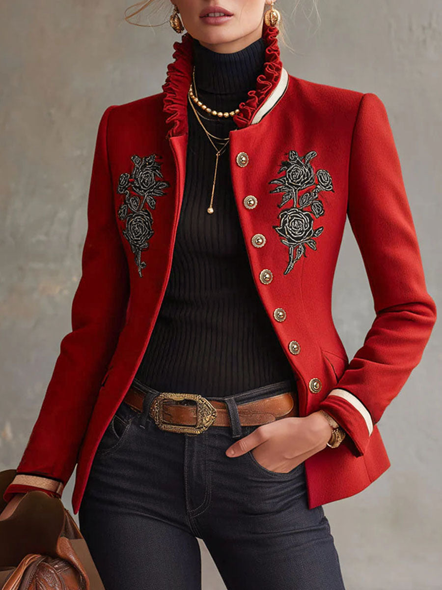 Mia - Jacke aus Leinen Blumenmuster mit Volants und Kragen bestickt