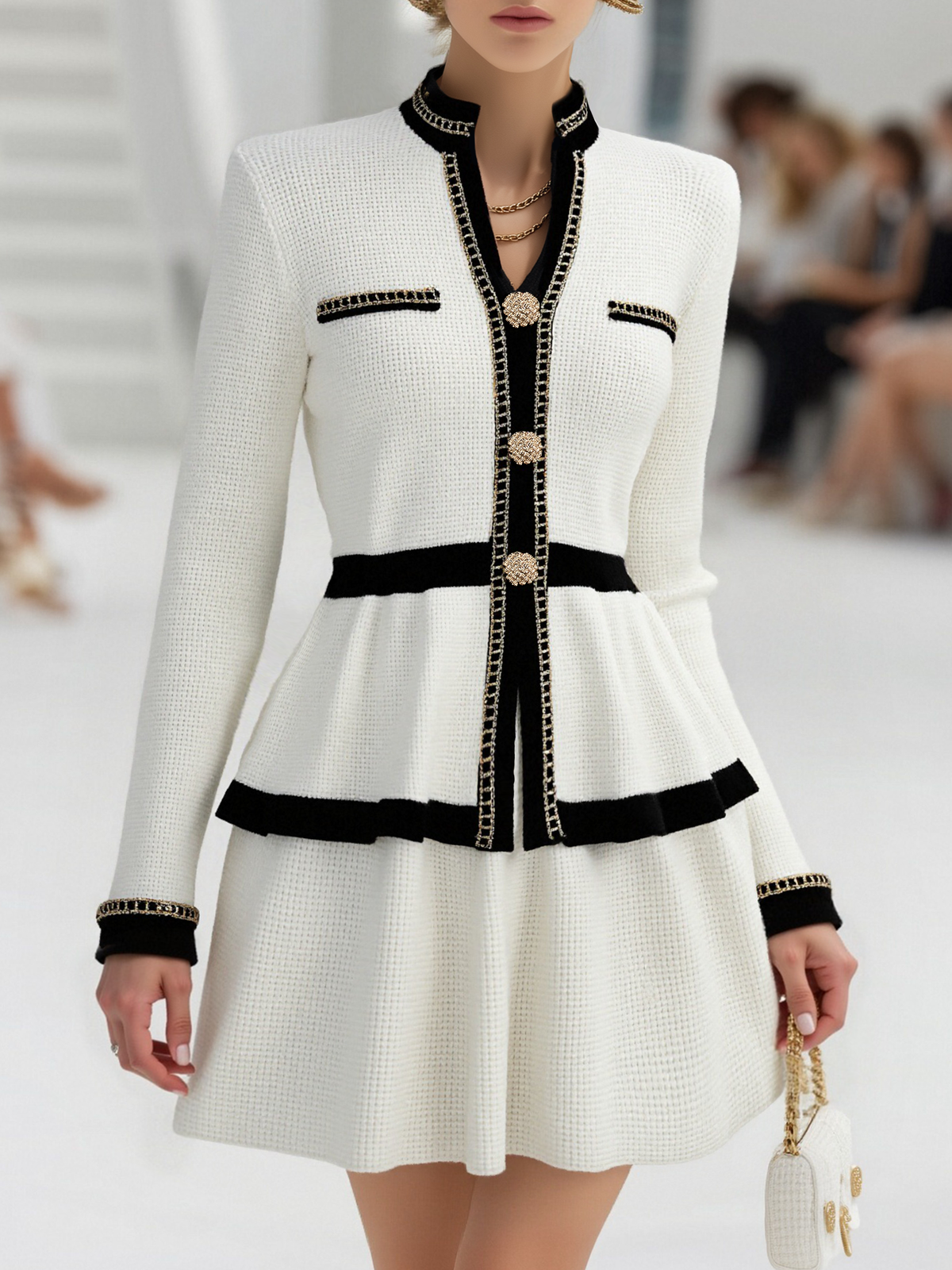 Zara - Elegantes Rock-Ensemble aus Strick gestreift mit Kragen plissiert