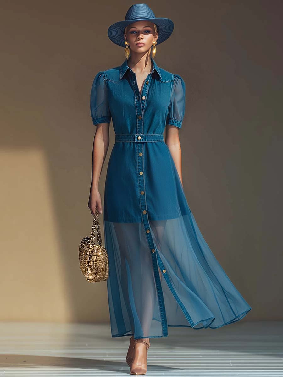 Mechthild - Maxikleid Western im Retro-Stil aus Jeansstoff mit V-Ausschnitt und Knöpfen mit Linie feminin