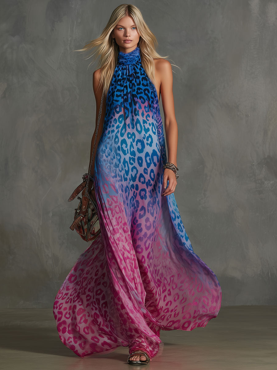 Pia - Maxikleid Western für den Urlaub aus Chiffon Leopardenmuster ärmellos
