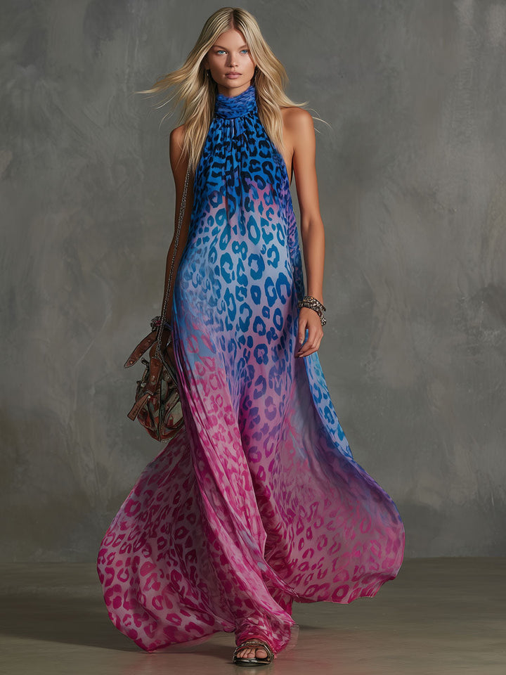 Pia - Maxikleid Western für den Urlaub aus Chiffon Leopardenmuster ärmellos