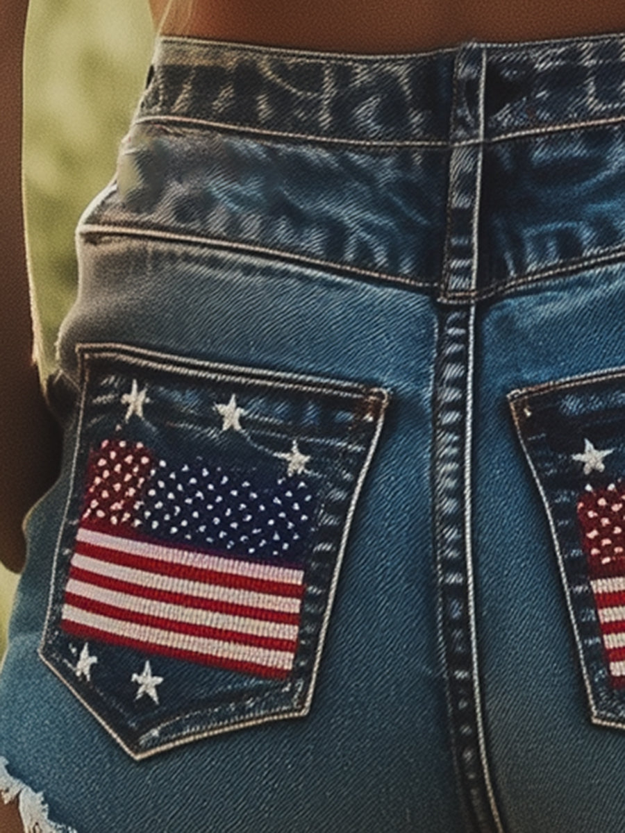 Nela - Shorts Western für den Alltag aus Jeansstoff mit Sternen und Taschen und Stickerei