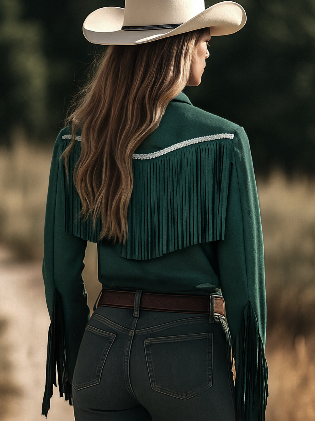 Frauke - Bluse Western im Retro-Stil aus Kunstwildleder mit Fransen und Kragen mit Linie feminin