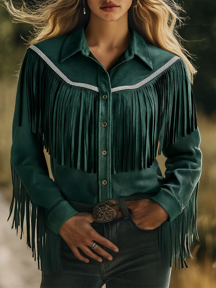 Frauke - Bluse Western im Retro-Stil aus Kunstwildleder mit Fransen und Kragen mit Linie feminin