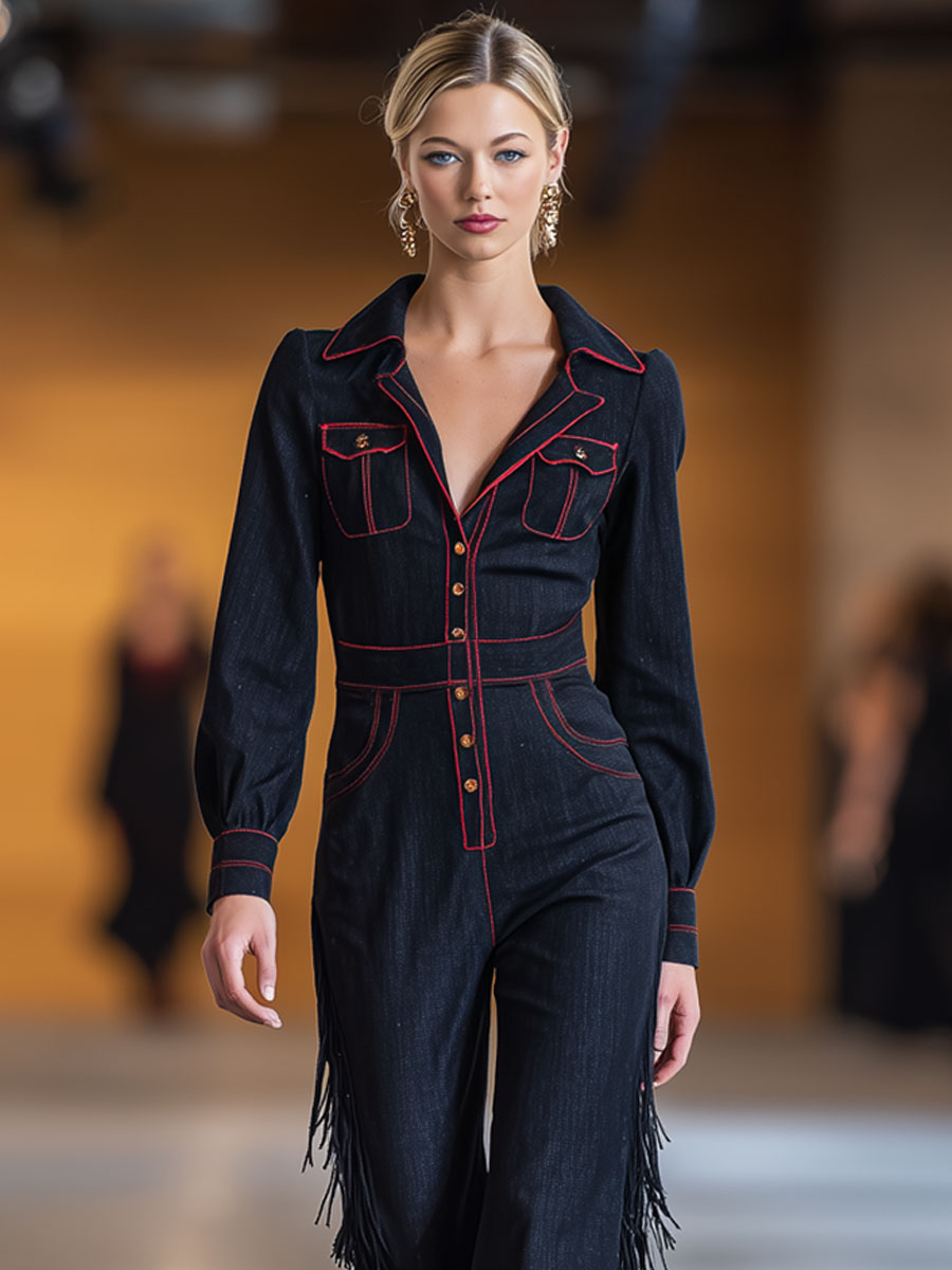 Lene - Overall Western im Retro-Stil aus Jeansstoff gestreift mit Fransen und V-Ausschnitt