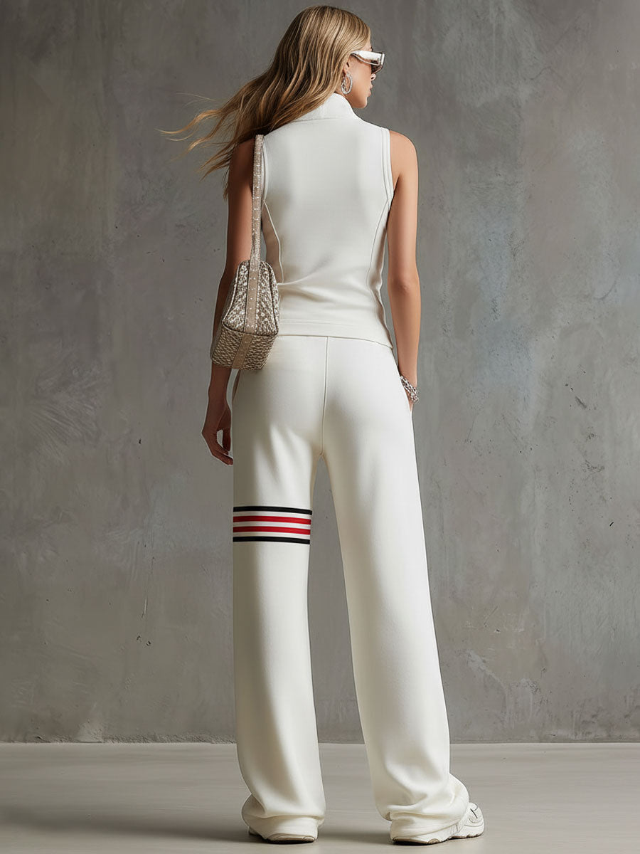 Käthe - Sportliches Hosen-Ensemble im Retro-Stil aus technischem Gewebe gestreift mit Reißverschluss ärmellos