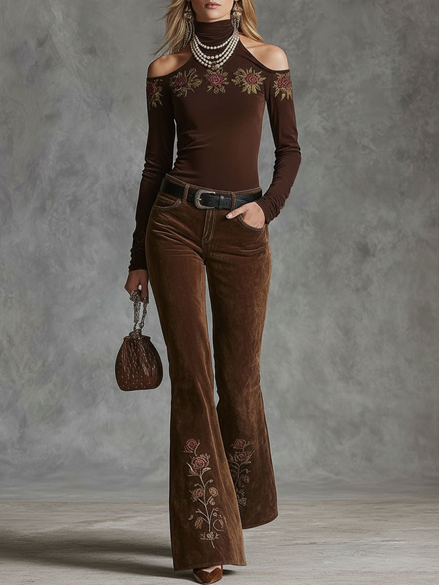 Agnes - Hose Western für den Urlaub aus Kunstwildleder Blumenmuster mit Taschen und Stickerei