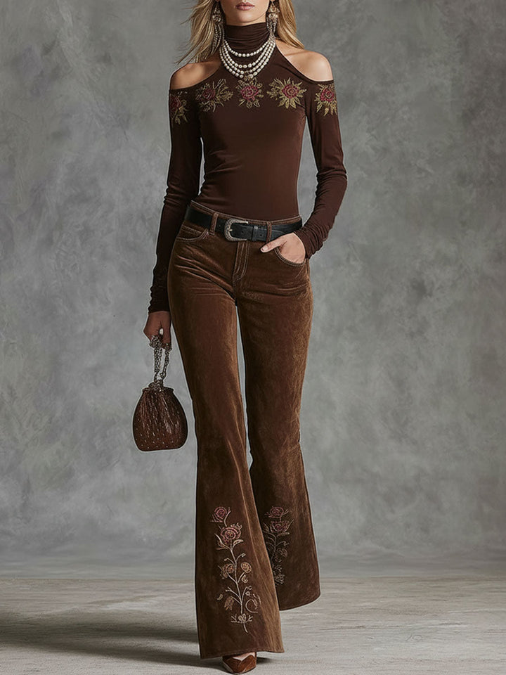 Agnes - Hose Western für den Urlaub aus Kunstwildleder Blumenmuster mit Taschen und Stickerei